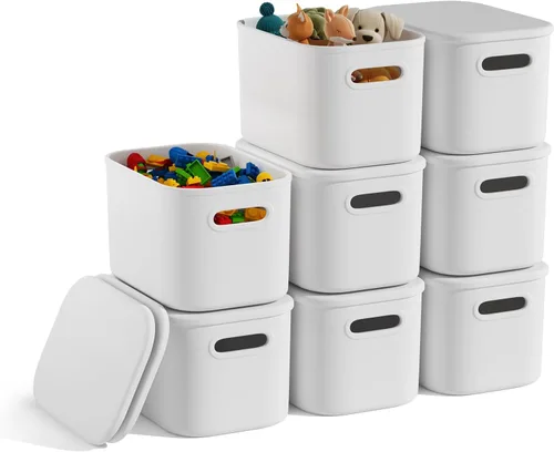 Miniatura 11 de Paquete de 8 contenedores de almacenamiento coloridos con tapas para estantes, contenedores de almacenamiento para el aula, contenedores apilables