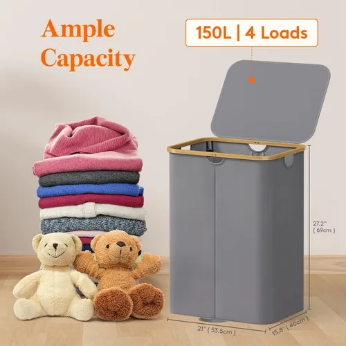 Miniatura 2 de Lifewit Cesto doble para ropa sucia de 150L con tapa, cesta grande dual para ropa sucia con bolsas removibles, 2 secciones estéticas de cestos