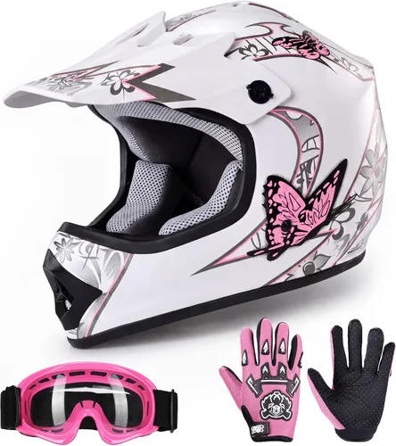 TCT-MOTORPARTS - Casco para niñas con mariposa rosa, aprobado por el DOT, para motocross, ATV, fuera de pista o moto, de cara completa, incluye