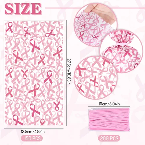 Miniatura 2 de Whaline 150 bolsas de regalo de celofán para concientización sobre el cáncer de mama con 200 lazos torcidos, bolsas de regalo de cinta rosa, bolsas
