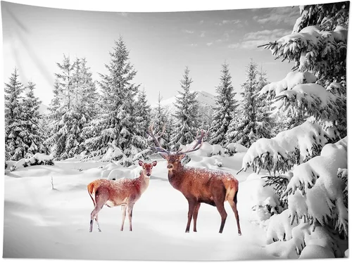 Miniatura 5 de LB Tapiz de bosque nevado para colgar en la pared, lindo ciervo y nieve cubierto de pino, tapiz de pared con cielo gris para dormitorio, tapiz