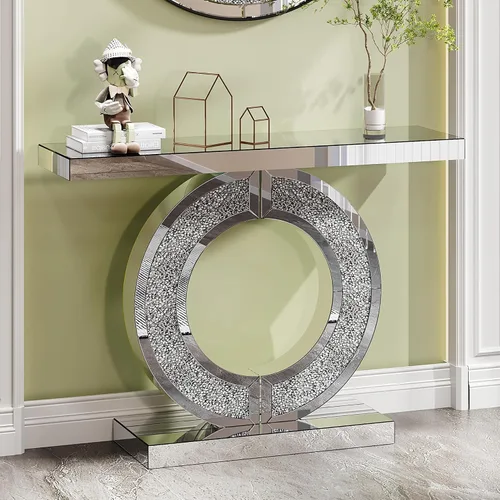 Miniatura 8 de Mesa de consola con espejo de 48 pulgadas, mesa de entrada moderna de plata glamorosa con borde tallado negro vintage con espejo de vidrio para sala