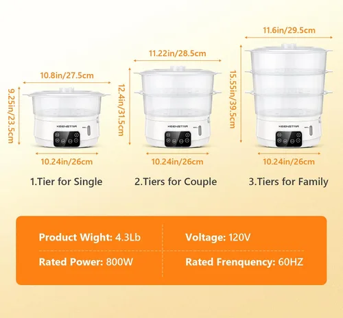 Miniatura 8 de Vaporizador Eléctrico de 13.7QT para Cocinar, Vaporizador de Vegetales con 3 Niveles Libres de BPA, Vaporizador Digital con Programa, 800W de Cocina