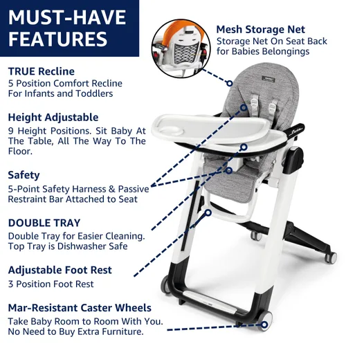 Miniatura 3 de Peg Perego Siesta, Silla Alta Plegable y Reclinable Crece Con el Bebé, Altura Ajustable, Limpieza Rápida y Ruedas Fáciles de Empujar para Bebés