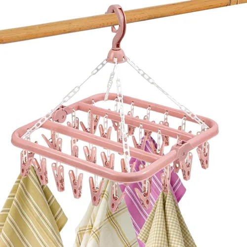 Miniatura 9 de Clip plegable y colgador de goteo, 1/2 piezas de ganchos plegables con 32 clips de secado, estante de secado plegable con 32 clips para secar Azul