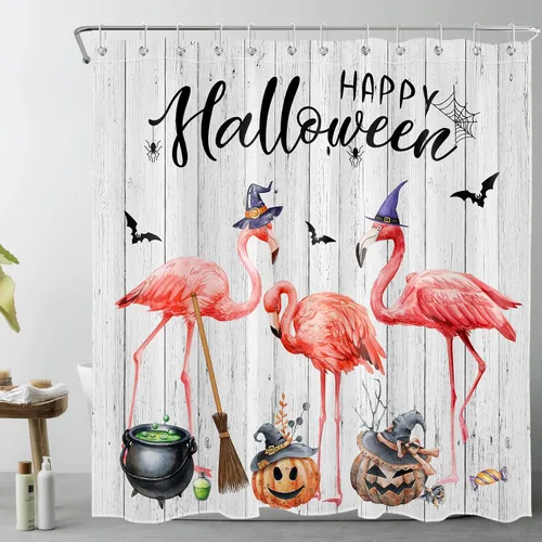 Miniatura 11 de LB Cortina de ducha de feliz Halloween para baño, flamenco rosa y calabaza naranja con sombrero mágico, cortina de ducha de tela con ganchos, juego