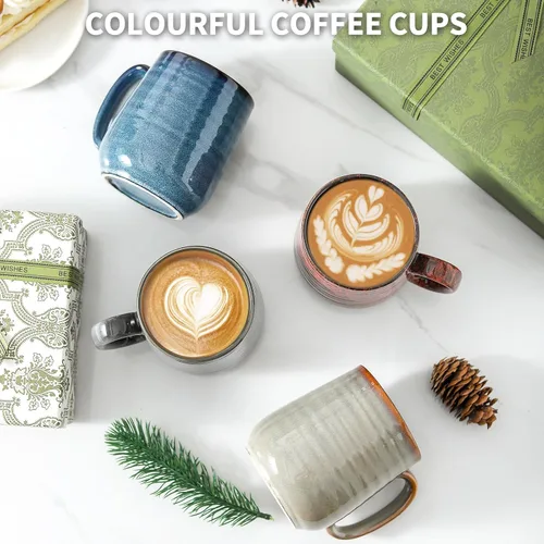 Miniatura 3 de Juego de 4 Tazas de Café de HASENSE, Tazas de Cerámica de 12 Oz con Mango Grande, Juego de Tazas Rústicas Coloridas para Café, Té, Coco, Café