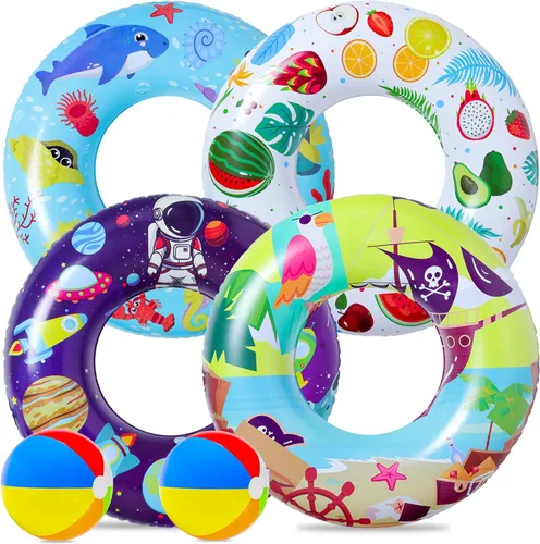 Miniatura 10 de FindUWill Paquete de 6 flotadores de piscina para niños, anillos de natación para piscina (paquete de 4) – 4 flotadores grandes inflables para playa