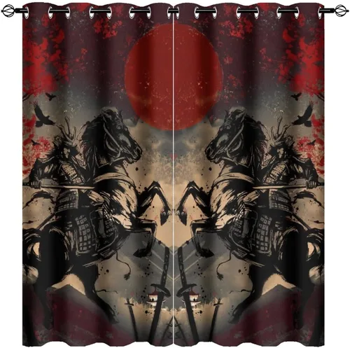 Miniatura 25 de Cortinas opacas abstractas japonesas samuráis para dormitorio, caballo samurái rústico, rojo, ojal, aislamiento térmico, cortinas de oscurecimiento