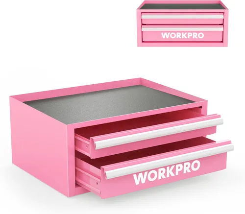 WORKPRO Mini caja de herramientas de 12.5 pulgadas con 2 cajones y 1 almacenamiento superior abierto, pequeño baúl de herramientas de metal con Rosa