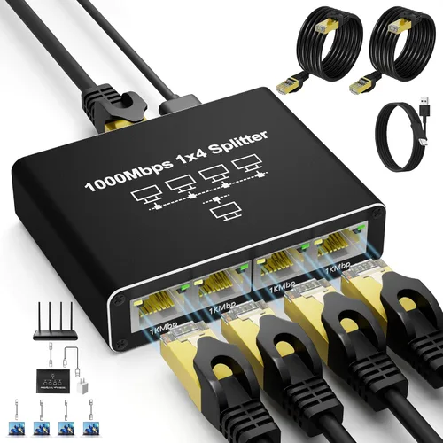 Miniatura 11 de Divisor Ethernet Gigabit 1 a 2, Divisores de cable LAN, interruptor Ethernet RJ45 de alta velocidad de 1000 Mbps con cable de alimentación USB C