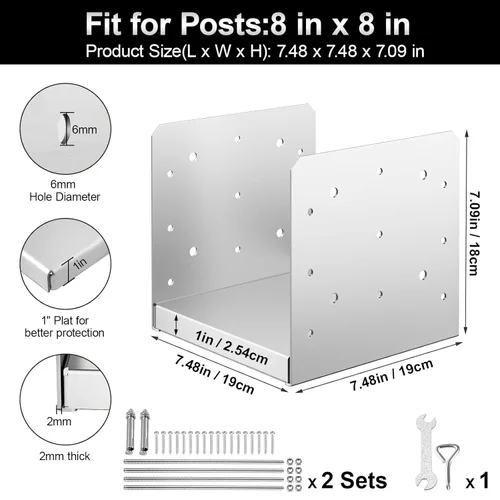 Miniatura 2 de Base de poste de 8 x 8 pulgadas, 2 soportes de anclaje ajustables de acero inoxidable (interno de 7.5 x 7.5 pulgadas), base de poste ajustable