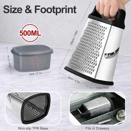 Miniatura 3 de Ourokhome Rallador de queso con asa, rallador de caja de acero inoxidable, triturador de verduras de cocina de 4 lados con recipiente para Negro