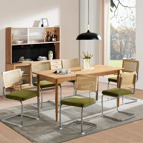 Miniatura 18 de Juego de 2 sillas de comedor de ratán, sillas de comedor modernas tapizadas de mediados de siglo con respaldo de caña, sillas de cocina de Beige