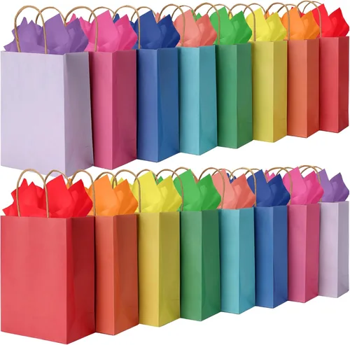 Miniatura 9 de BLEWINDZ 32 Bolsas Pequeñas de Papel para Regalos con Papel de Seda, Bolsas Amarillas para Obsequios de Fiesta con Asas, Bolsa de Golosinas de 8.7