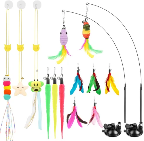 Atosun Juguetes interactivos para gatos, 15 juguetes de varita y plumas para gatos de interior, juguetes reutilizables con ventosa para gatitos,