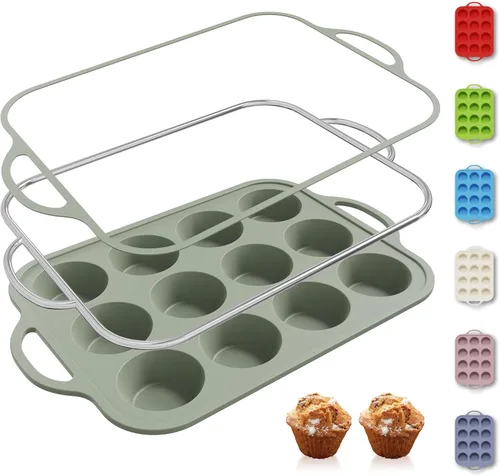 Miniatura 46 de 2 paquetes de 12 tazas de molde para magdalenas de silicona para hornear con marco reforzado de metal, molde para cupcakes de tamaño regular, Crema