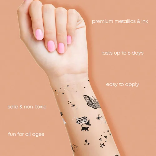 Miniatura 6 de Flash Tattoos Tatuajes temporales de Halloween Witch Please 44 tatuajes espeluznantes Tatuaje metálico Suministros para fiesta de Halloween