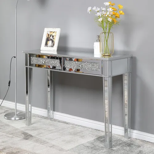 Miniatura 3 de Henf Escritorio de tocador con espejo para dormitorio, mesa de tocador de maquillaje, mesa de sofá con 2 cajones de diamantes sintéticos, moderno