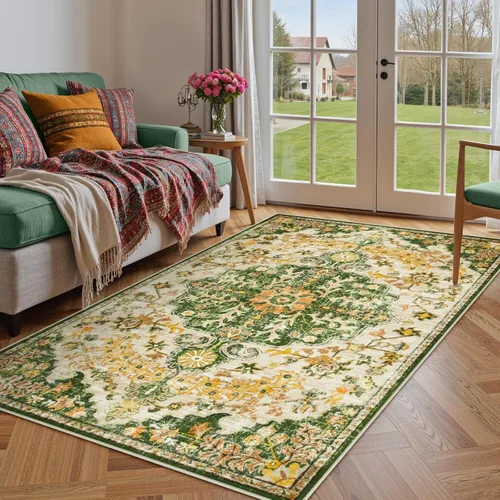 Miniatura 50 de Lahome Alfombra bohemia con medallón floral, 4 x 6 pies, color verde azulado, suave, lavable, antideslizante, apta para mascotas, alfombra