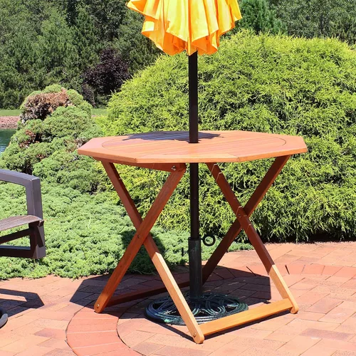 Miniatura 5 de Sunnydaze Meranti - Mesa plegable de madera para exteriores con agujero para sombrilla - Mesa de patio plegable para comedor y reuniones - Acabado