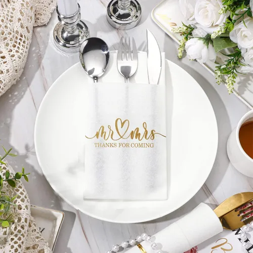 Miniatura 5 de Panelee 100 servilletas de boda con bolsillo integrado para cubiertos de Mr and Mrs personalizadas, sensación de lino, suministros de cena Dorado