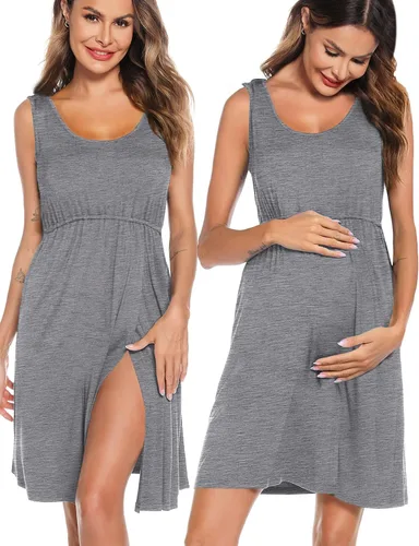 Miniatura 4 de SWOMOG Batas de enfermería Vestido de maternidad de 2 piezas camisón para lactancia materna 3 en 1 Hospital parto Albornoz de lactancia Vestido