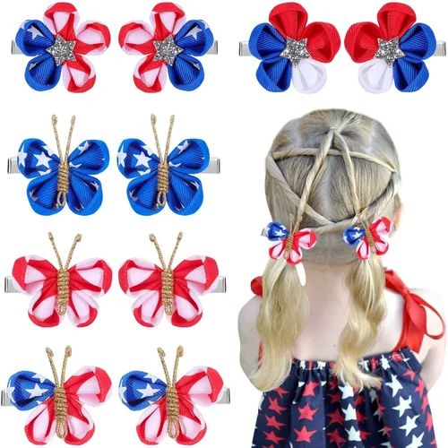 10 unidades de mini pinzas para el pelo de mariposa del 4 de julio, Oaoleer, 5 cm de arco azul, blanco y rojo con bandera americana, accesorios para