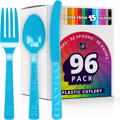 Miniatura 12 de DecorRack Juego de cubiertos de plástico de color azul real para fiestas, 96 piezas de utensilios resistentes a granel (azul rey, 96 piezas)