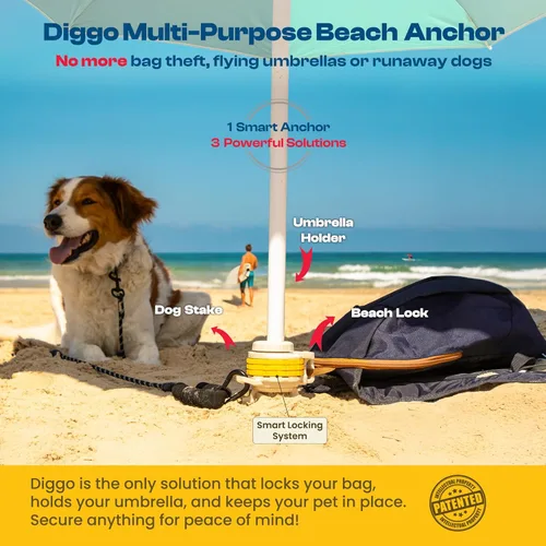 Miniatura 2 de Diggo Anclaje de playa multiusos con cerradura de combinación, seguridad de bolsa antirrobo, estaca de amarre para perros, anclaje de paraguas
