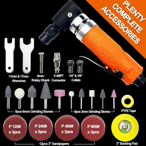 Miniatura 2 de MOMODA Kit de mini amoladora neumática de 1/4 de pulgada, lijadora neumática de 90 grados, modelo de alta potencia de 20,000 RPM con pinzas de 1/4
