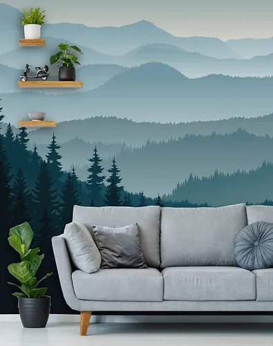 Miniatura 4 de Papel tapiz removible para despegar y pegar, mural de pared autoadhesivo, mural de montaña 3D, papel tapiz para guardería, pinos de montaña azul