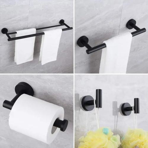 Miniatura 2 de Kit de accesorios de baño negro mate de 5 piezas para montar en la pared, incluye toallero doble de 24 pulgadas, barra de toalla de mano de 12
