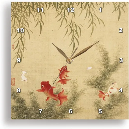 3dRose Reloj de pared silencioso - 15 pulgadas - Imagen de tapiz de oro chino con pez Koi - Arte de lentes por Florene - Tapices del mundo
