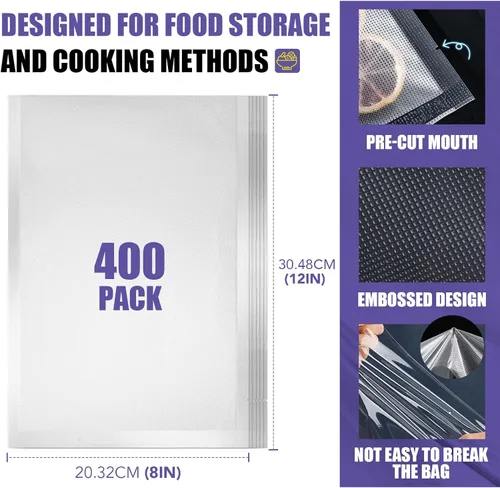 Miniatura 2 de Caregy - Bolsas selladoras al vacío de 400 cuartos, 8 x 12 pulgadas, libres de BPA para almacenamiento de alimentos, preparación de comidas o Sous