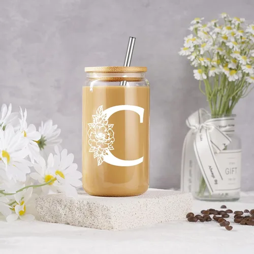 Miniatura 4 de Taza de Vidrio Inicial Coolife, Regalos Personalizados para Mujeres, Tazas de Vidrio de 16 oz con Tapas y Popotes, Vaso de Café Helado, Licuado