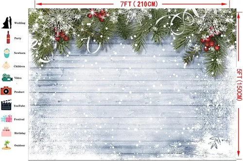 Miniatura 6 de Telón de fondo de Navidad de invierno de 7 x 5 pies, copo de nieve y rama de pino, fondo de pared de madera, escena de nieve blanca para fiesta