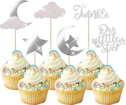 Miniatura 10 de Paquete de 24 adornos para cupcakes con purpurina de luna, nube, estrellas, estrellas, baby shower, niños, cumpleaños, boda, fiesta, decoración
