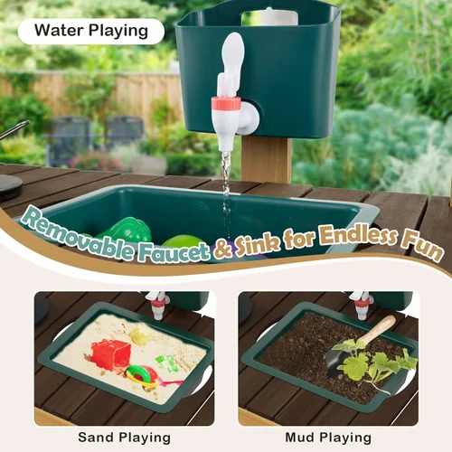 Miniatura 3 de Costzon Cocina de barro, banco de madera para macetas para niños con grifo extraíble, fregadero, estufas, pomos de rotación, cajas para macetas