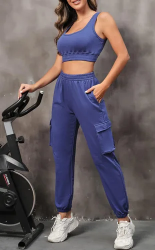 Miniatura 2 de FUPHINE Conjunto de dos piezas para mujer, sin mangas, con pantalones cargo y ropa deportiva para descansar