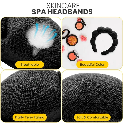 Miniatura 5 de Juego de diadema y pulsera de spa negro, kit de lavado facial de 3 piezas para cuidado de la piel y maquillaje, diadema de tela de rizo hinchada