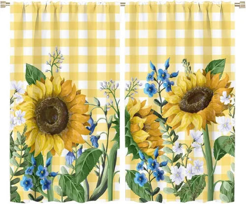 Miniatura 37 de Cortinas opacas con diseño de girasol, rústico, con diseño de girasol, mariposa, verde, amarillo, negro, para niñas, mujeres, dormitorio, sala