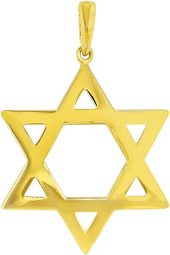 Miniatura 2 de Colgante grande de estrella de David de oro amarillo pulido de 14 quilates con collar Figaro