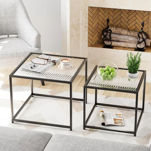Miniatura 13 de Garden 4 you Juego de 2 mesas auxiliares modernas, mesa anidable de cristal, juego de mesa central cuadrada con marco de metal, mesas auxiliares