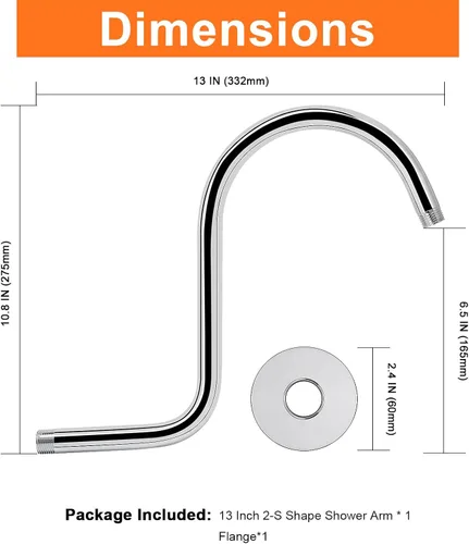 Miniatura 2 de Brazo de ducha en forma de S, tubo de extensión de cabezal de ducha de altura alta, conexión estándar de 1/2 pulgada con brida, impresionante