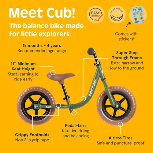 Miniatura 3 de Retrospec Cub - Bicicleta de equilibrio para niños de 18 meses a 3 años, bicicleta para principiantes sin pedal de 12 pulgadas con asiento Verde