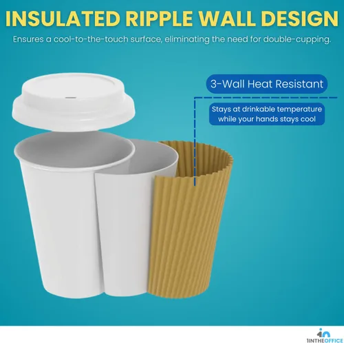 Miniatura 5 de Tazas de café desechables con tapas, tazas de papel de 10 onzas, pared ondulada aislada, paquete de 50