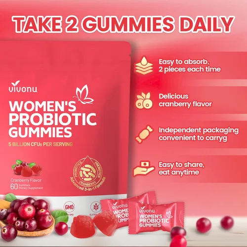 Miniatura 6 de VivoNu Probiótico vaginal para mujer, gomitas probióticas para mujeres, gomitas de equilibrio femenino, probióticos de arándano para la salud