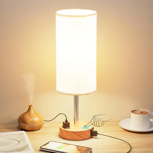 Miniatura 28 de Fenmzee Juego de lámparas de mesa pequeñas táctiles regulables de 2 a 3 vías, carga USB A + C, salida de CA, base de grano de madera, bombillas
