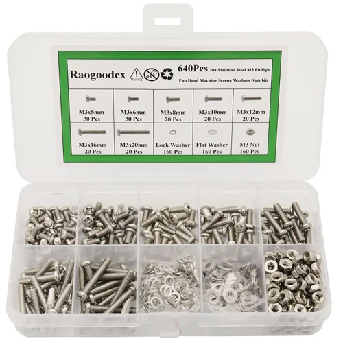 Juego de 640 tornillos de máquina Phillips de cabeza cacerola M3 x 0.197 in /0.236 in /0.315 in /0.394 in /0.472 in /0.630 in/0.787 in 304 tornillos